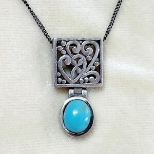 Sterling Silver Double Heart Hinge Square and Oval Turquoise Necklace